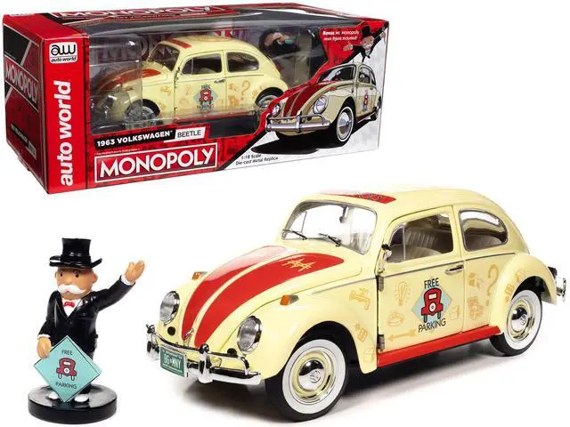 Main image of Auto World 1963 Volkswagen Beetle Yukon Yellow Monopoly Free Parking 1/18 Scale Diecast Model Car with Mr. Monopoly Figure