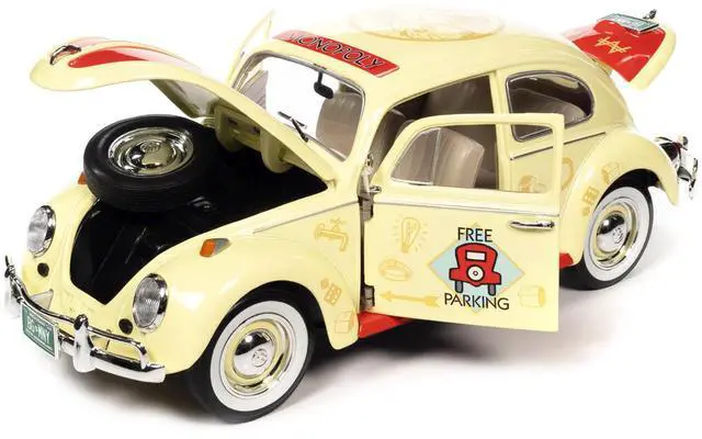 Alt view image 2 of 6 - Auto World 1963 Volkswagen Beetle Yukon Yellow Monopoly Free Parking 1/18 Scale Diecast Model Car with Mr. Monopoly Figure