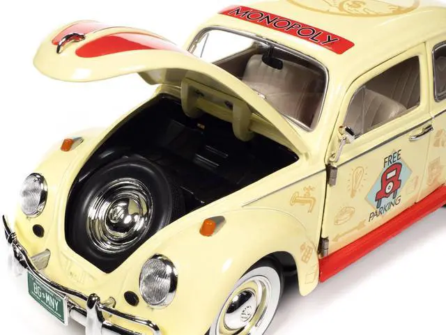 Alt view image 3 of 6 - Auto World 1963 Volkswagen Beetle Yukon Yellow Monopoly Free Parking 1/18 Scale Diecast Model Car with Mr. Monopoly Figure