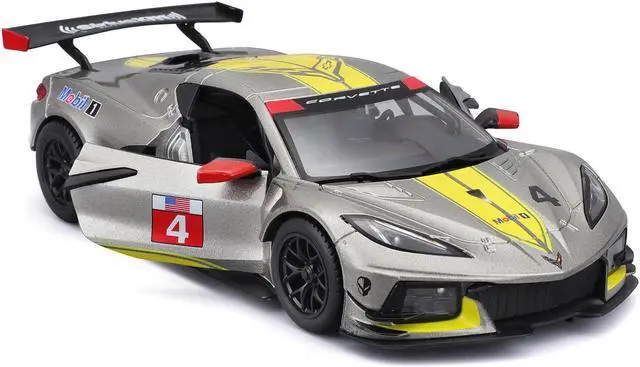 Alt view image 2 of 6 - 2020 Chevrolet Corvette C8.R #4 Silver Metallic with Yellow Stripes "Race" Series 1/24 Diecast Model Car by Bburago