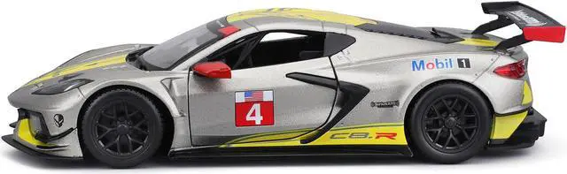 Alt view image 3 of 6 - 2020 Chevrolet Corvette C8.R #4 Silver Metallic with Yellow Stripes "Race" Series 1/24 Diecast Model Car by Bburago