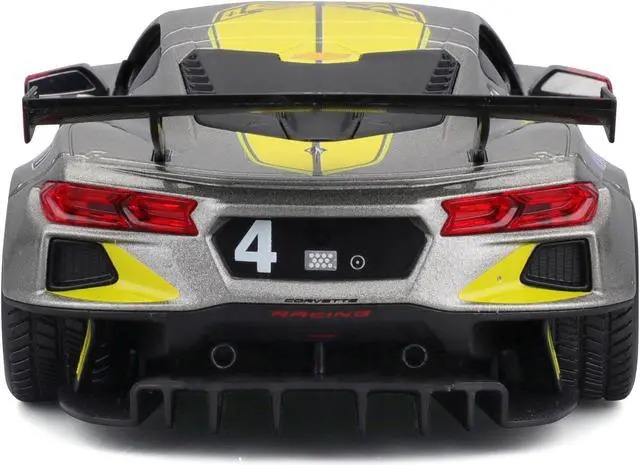 Alt view image 6 of 6 - 2020 Chevrolet Corvette C8.R #4 Silver Metallic with Yellow Stripes "Race" Series 1/24 Diecast Model Car by Bburago