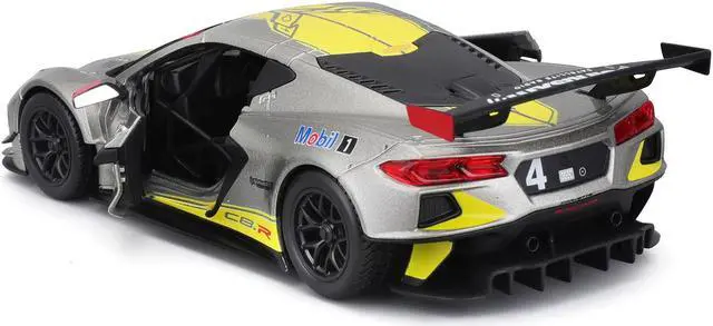 Alt view image 4 of 6 - 2020 Chevrolet Corvette C8.R #4 Silver Metallic with Yellow Stripes "Race" Series 1/24 Diecast Model Car by Bburago