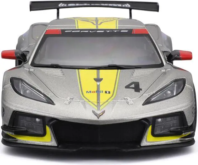 Alt view image 5 of 6 - 2020 Chevrolet Corvette C8.R #4 Silver Metallic with Yellow Stripes "Race" Series 1/24 Diecast Model Car by Bburago
