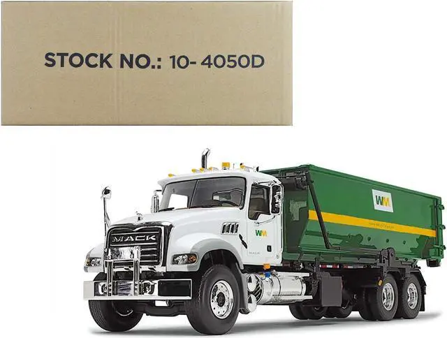 Main image of Mack Granite Garbage Truck "Waste Management" White and Green with Tub-Style Roll-Off Container 1/34 Diecast Model by First Gear