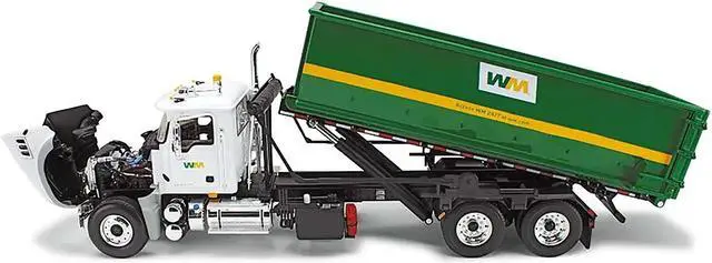 Alt view image 2 of 4 - Mack Granite Garbage Truck "Waste Management" White and Green with Tub-Style Roll-Off Container 1/34 Diecast Model by First Gear