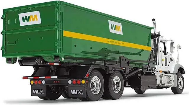 Alt view image 3 of 4 - Mack Granite Garbage Truck "Waste Management" White and Green with Tub-Style Roll-Off Container 1/34 Diecast Model by First Gear