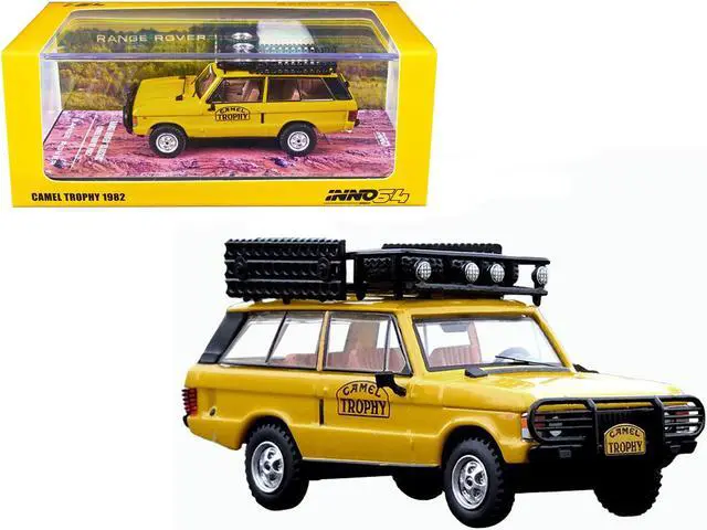Main image of Land Rover Range Rover Classic "Camel Trophy 1982" Yellow w/Roof Rack and Accessories 1/64 Diecast Model Car by Inno Models