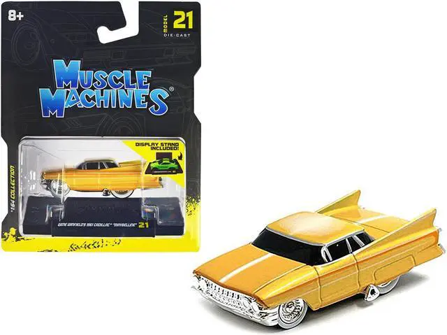 Main image of Gene Winfields 1961 Cadillac Maybelline Yellow Metallic with White Stripes 1/64 Diecast Model Car by Muscle Machines