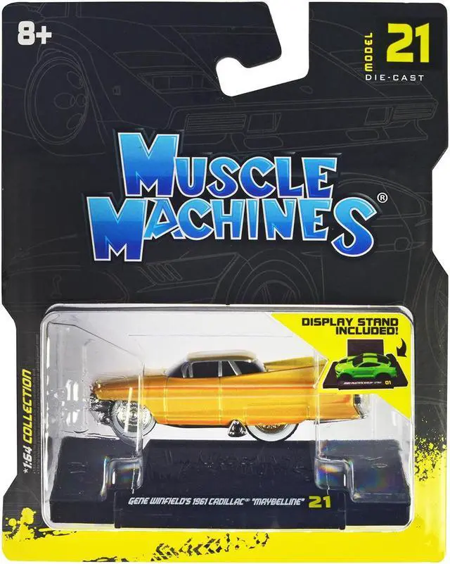 Alt view image 3 of 3 - Gene Winfields 1961 Cadillac Maybelline Yellow Metallic with White Stripes 1/64 Diecast Model Car by Muscle Machines