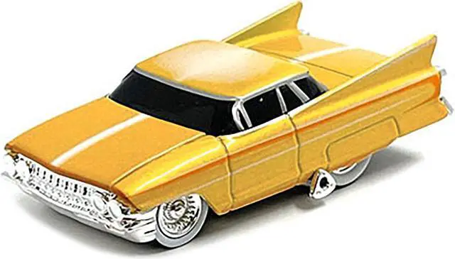 Alt view image 2 of 3 - Gene Winfields 1961 Cadillac Maybelline Yellow Metallic with White Stripes 1/64 Diecast Model Car by Muscle Machines