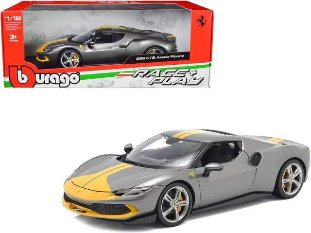Main image of Ferrari 296 GTB Assetto Fiorano Gray Metallic with Yellow Stripes "Race + Play" Series 1/18 Diecast Model Car by Bburago
