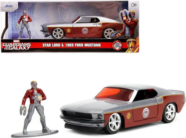Main image of 1969 Ford Mustang Silver Met. and Dark Red and Star Lord Figure "Marvel Guardians of the Galaxy" 1/32 Diecast Model Car by Jada