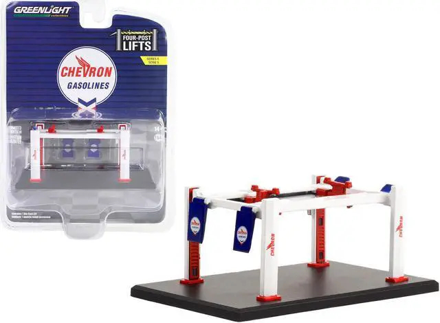 Main image of Adjustable Four-Post Lift "Chevron" White and Red "Four-Post Lifts" Series 5 1/64 Diecast Model by Greenlight