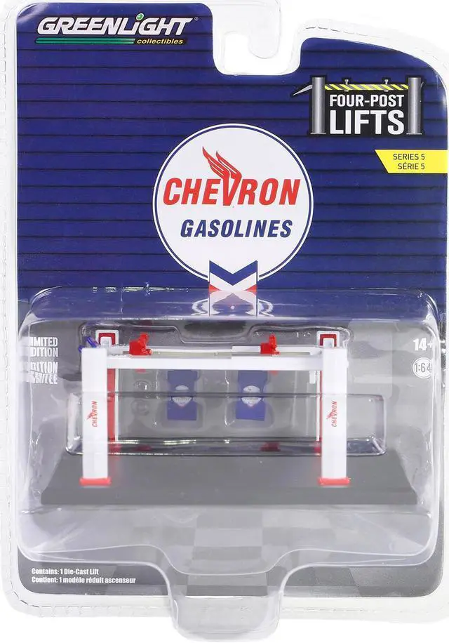 Alt view image 3 of 3 - Adjustable Four-Post Lift "Chevron" White and Red "Four-Post Lifts" Series 5 1/64 Diecast Model by Greenlight