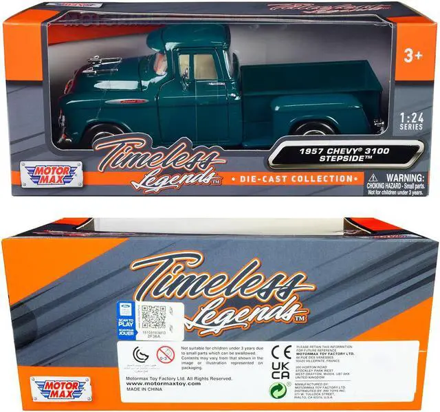 Alt view image 3 of 3 - 1957 Chevrolet 3100 Stepside Pickup Truck Teal Metallic "Timeless Legends" Series 1/24 Diecast Model Car by Motormax