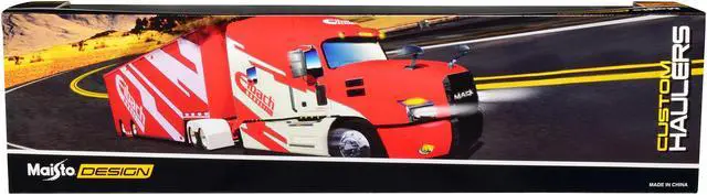 Alt view image 2 of 4 - Mack Anthem Enclosed Car Transporter "Eibach" Red with White Graphics "Custom Haulers" Series 1/64 Diecast Model by Maisto