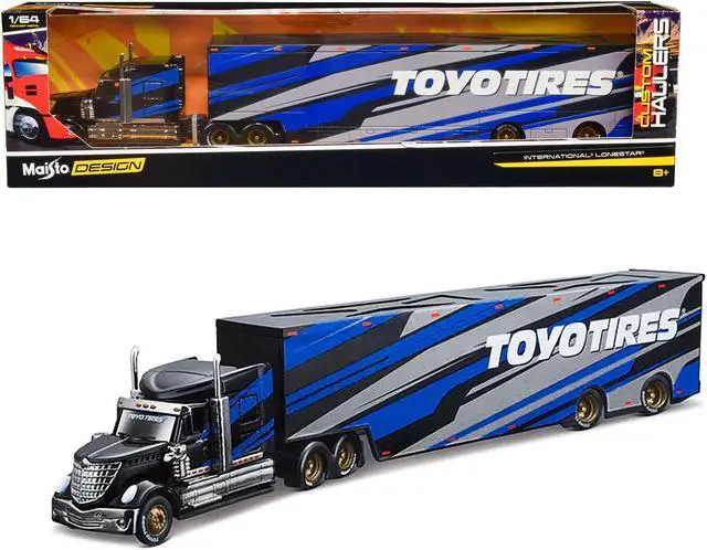 Main image of International LoneStar Enclosed Car Transporter "Toyo Tires" Black with Blue and Gray Stripes 1/64 Diecast Model by Maisto