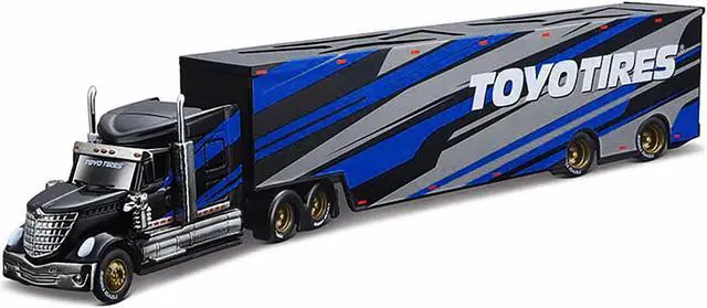 Alt view image 2 of 4 - International LoneStar Enclosed Car Transporter "Toyo Tires" Black with Blue and Gray Stripes 1/64 Diecast Model by Maisto