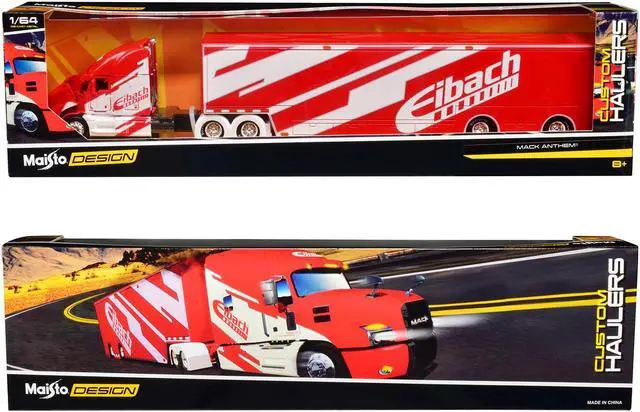 Alt view image 3 of 4 - Mack Anthem Enclosed Car Transporter "Eibach" Red with White Graphics "Custom Haulers" Series 1/64 Diecast Model by Maisto