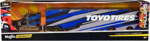 Alt view image 3 of 4 - International LoneStar Enclosed Car Transporter "Toyo Tires" Black with Blue and Gray Stripes 1/64 Diecast Model by Maisto