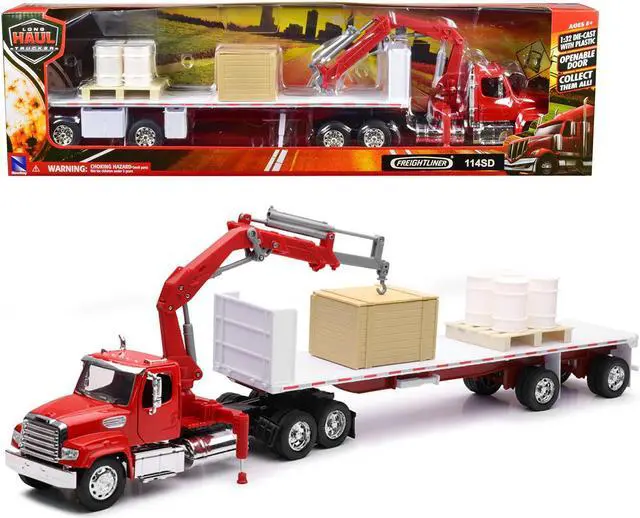 Main image of Freightliner 114SD Flatbed Truck with Crane Red with Accessories "Long Haul Trucker" Series 1/32 Diecast Model by New Ray