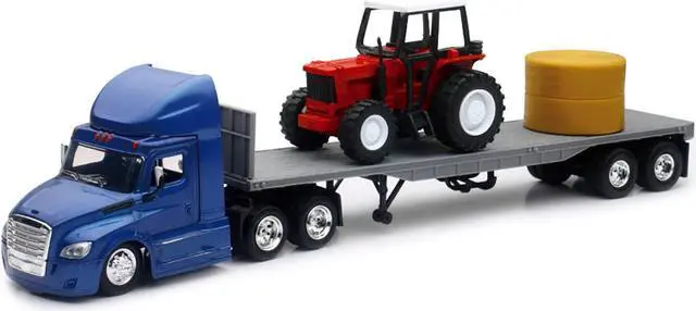 Alt view image 2 of 3 - Freightliner Cascadia w/Flatbed Trailer Blue w/Farm Tractor Red and Hay Bales "Long Haul Trucker" 1/43 Diecast Model by New Ray