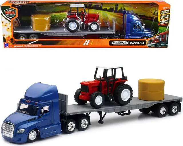 Main image of Freightliner Cascadia w/Flatbed Trailer Blue w/Farm Tractor Red and Hay Bales "Long Haul Trucker" 1/43 Diecast Model by New Ray