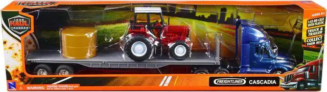 Alt view image 3 of 3 - Freightliner Cascadia w/Flatbed Trailer Blue w/Farm Tractor Red and Hay Bales "Long Haul Trucker" 1/43 Diecast Model by New Ray