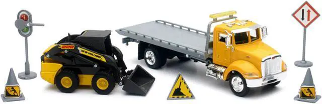 Alt view image 2 of 3 - Peterbilt Roll-Off Flatbed Truck Yellow and New Holland L228 Skid Steer Yellow with Road Signs 1/43 Diecast Model by New Ray
