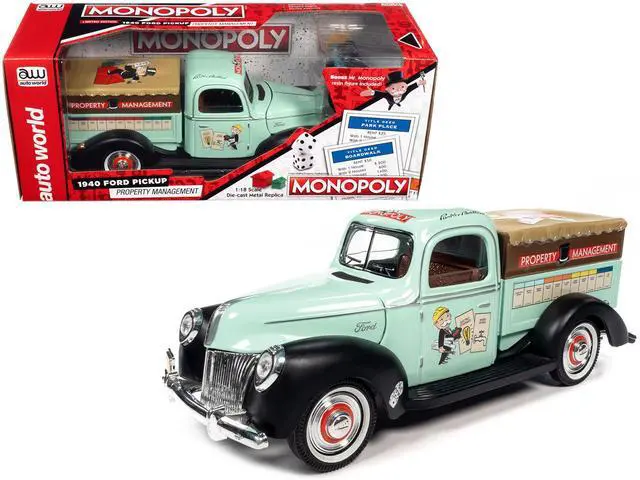 Main image of Auto World Monopoly 1940 Ford Property Management Truck Light Green with Monopoly Graphics and Mr. Monopoly Resin Figure 1/18 Scale Diecast