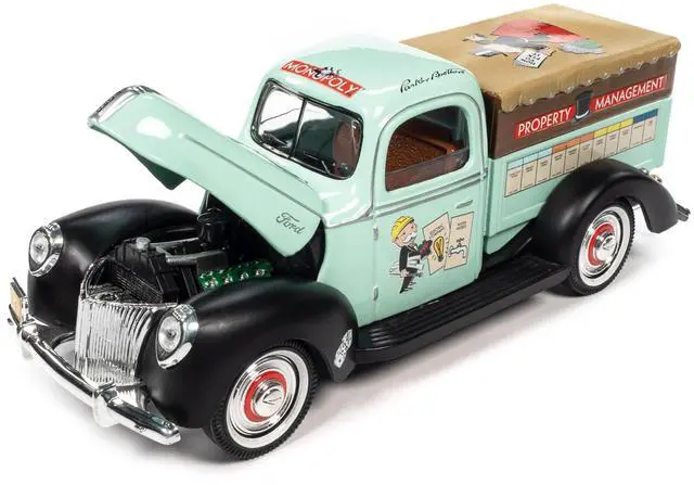 Alt view image 2 of 6 - Auto World Monopoly 1940 Ford Property Management Truck Light Green with Monopoly Graphics and Mr. Monopoly Resin Figure 1/18 Scale Diecast
