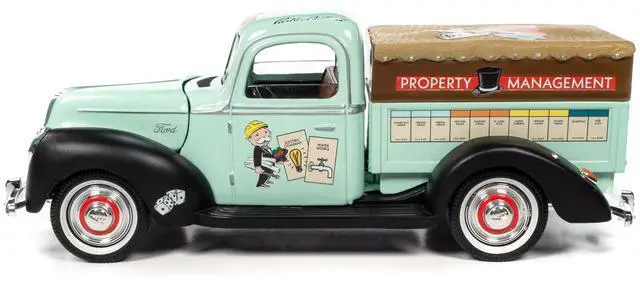 Alt view image 3 of 6 - Auto World Monopoly 1940 Ford Property Management Truck Light Green with Monopoly Graphics and Mr. Monopoly Resin Figure 1/18 Scale Diecast