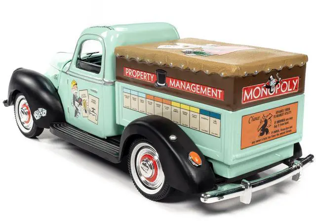 Alt view image 4 of 6 - Auto World Monopoly 1940 Ford Property Management Truck Light Green with Monopoly Graphics and Mr. Monopoly Resin Figure 1/18 Scale Diecast