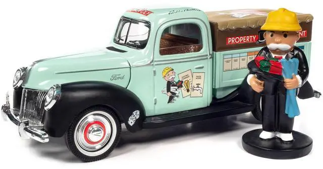 Alt view image 5 of 6 - Auto World Monopoly 1940 Ford Property Management Truck Light Green with Monopoly Graphics and Mr. Monopoly Resin Figure 1/18 Scale Diecast