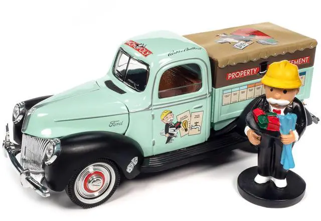 Alt view image 6 of 6 - Auto World Monopoly 1940 Ford Property Management Truck Light Green with Monopoly Graphics and Mr. Monopoly Resin Figure 1/18 Scale Diecast