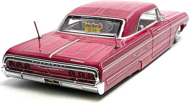 Alt view image 3 of 3 - 1964 Chevrolet Impala SS Lowrider Pink w/Graphics & White Interior "Lowriders" "Maisto Design" 1/26 Diecast Model Car by Maisto