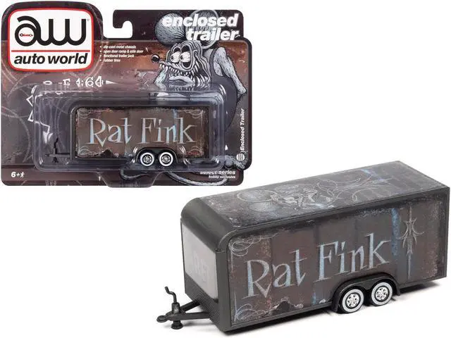 Main image of 4-Wheel Enclosed Car Trailer Dark Gray with Graphics "Rat Fink" 1/64 Diecast Model by Auto World