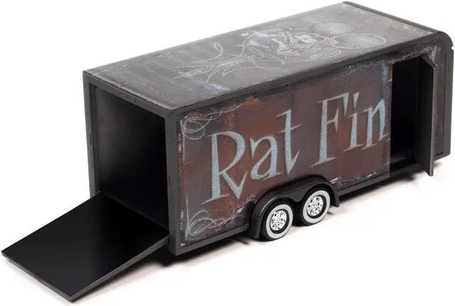 Alt view image 2 of 3 - 4-Wheel Enclosed Car Trailer Dark Gray with Graphics "Rat Fink" 1/64 Diecast Model by Auto World