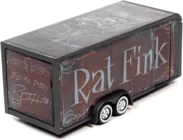 Alt view image 3 of 3 - 4-Wheel Enclosed Car Trailer Dark Gray with Graphics "Rat Fink" 1/64 Diecast Model by Auto World