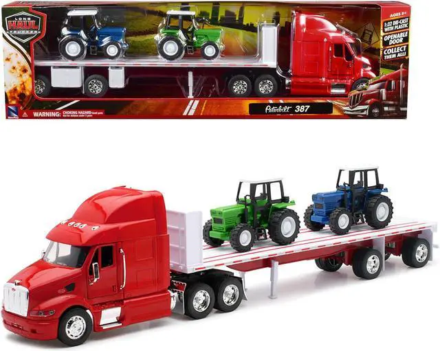 Main image of Peterbilt 387 Flatbed Truck Red with 2 Farm Tractors Blue and Green "Long Haul Trucker" Series 1/32 Diecast Model by New Ray