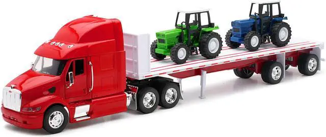 Alt view image 2 of 3 - Peterbilt 387 Flatbed Truck Red with 2 Farm Tractors Blue and Green "Long Haul Trucker" Series 1/32 Diecast Model by New Ray