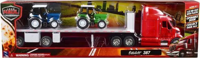 Alt view image 3 of 3 - Peterbilt 387 Flatbed Truck Red with 2 Farm Tractors Blue and Green "Long Haul Trucker" Series 1/32 Diecast Model by New Ray