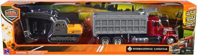 Alt view image 3 of 3 - International Lonestar Dump Truck Red and Tracked Excavator Yellow w/Flatbed Trailer 1/43 Diecast Model by New Ray
