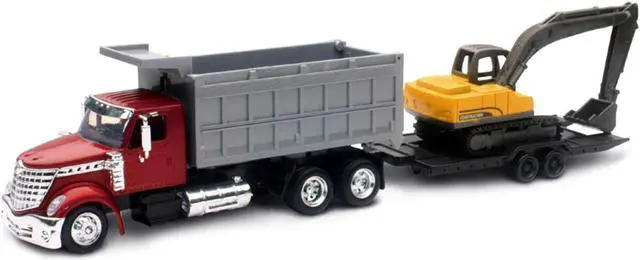 Alt view image 2 of 3 - International Lonestar Dump Truck Red and Tracked Excavator Yellow w/Flatbed Trailer 1/43 Diecast Model by New Ray