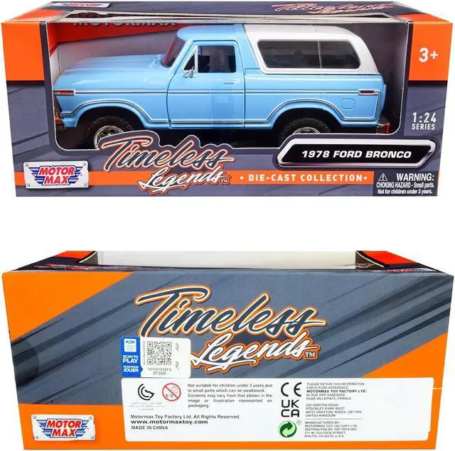 Alt view image 3 of 3 - 1978 Ford Bronco Custom Light Blue and White "Timeless Legends" Series 1/24 Diecast Model Car by Motormax