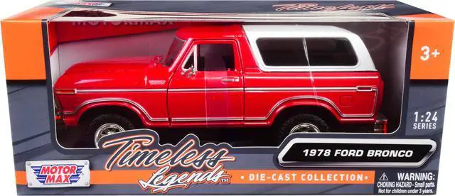 Main image of 1978 Ford Bronco Custom Red and White "Timeless Legends" Series 1/24 Diecast Model Car by Motormax