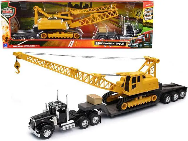 Main image of Kenworth W900 Truck with Lowboy Trailer Black and Crane Yellow "Long Haul Trucker" Series 1/32 Diecast Model by New Ray