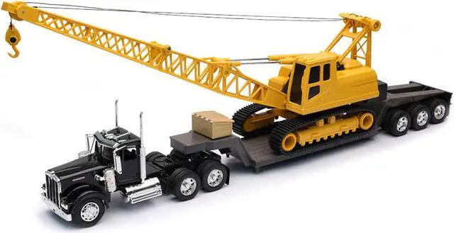 Alt view image 2 of 3 - Kenworth W900 Truck with Lowboy Trailer Black and Crane Yellow "Long Haul Trucker" Series 1/32 Diecast Model by New Ray