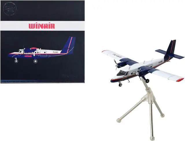 Main image of De Havilland DHC-6-300 Commercial Aircraft with Flaps Down "Winair" White and Blue with Red 1/200 Diecast Model by GeminiJets